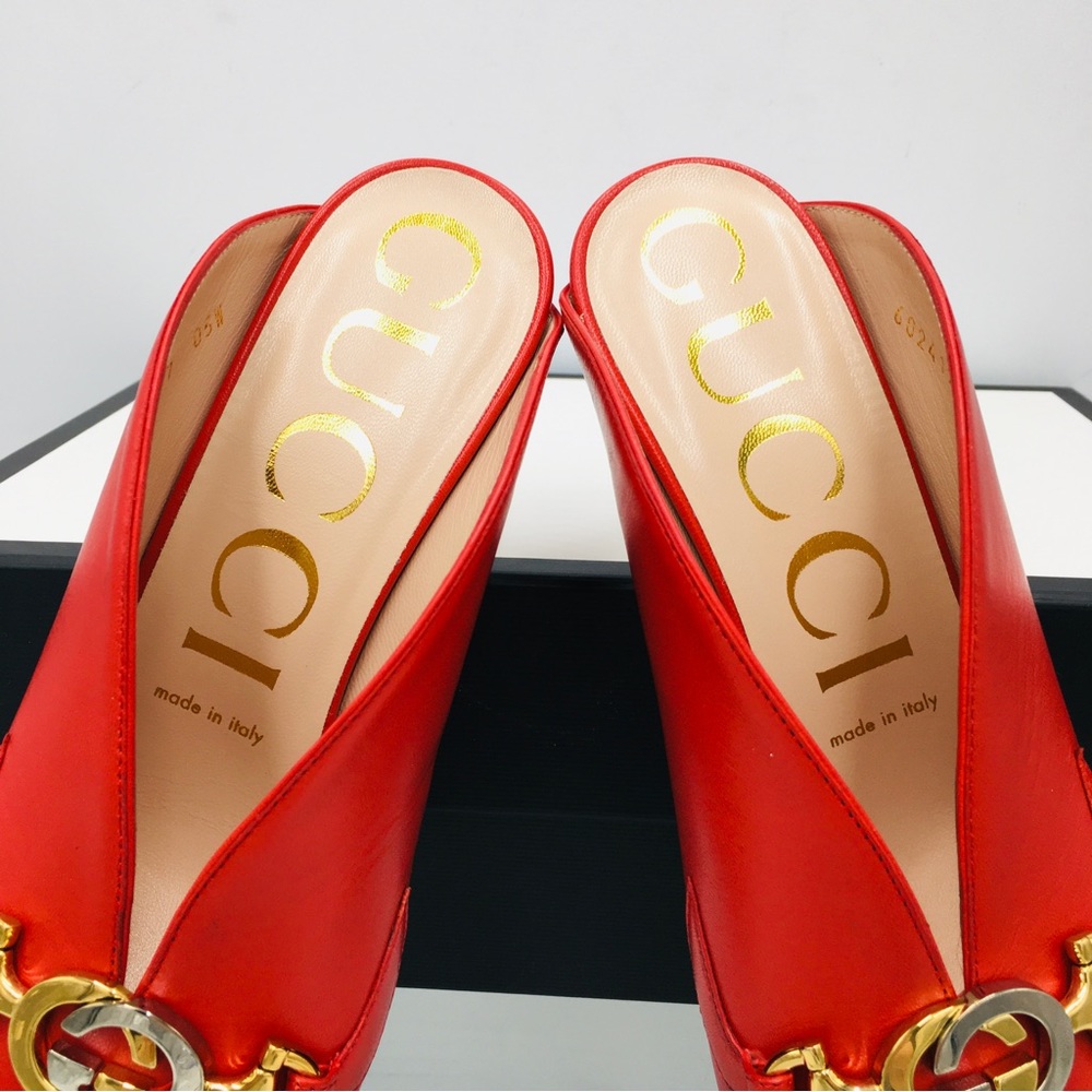 Gucci 602412 C9D00 6634 Red Leather Mid Heel Slide Sandals - Picture 5 of 13